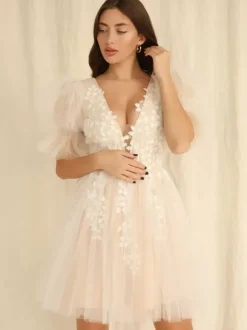 Short Wedding Dresses Short V-Neck Short Sleeves A-Line Tulle Bridal Dresses