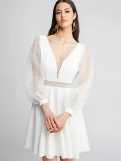 Short Wedding Dresses Short V-Neck Long Sleeves Short Tulle Short Bridal Dress