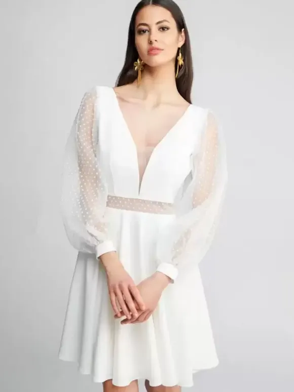 Short Wedding Dresses Short V-Neck Long Sleeves Short Tulle Short Bridal Dress