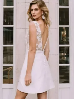 Short Wedding Dresses Short V-Neck Sleeveless A-Line Natural Waist Satin Fabric Short Bridal Dress