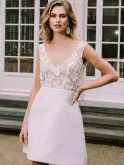 Short Wedding Dresses Short V-Neck Sleeveless A-Line Natural Waist Satin Fabric Short Bridal Dress