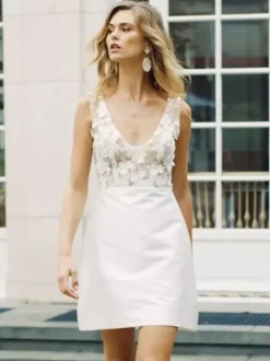 Short Wedding Dresses Short V-Neck Sleeveless A-Line Natural Waist Satin Fabric Short Bridal Dress