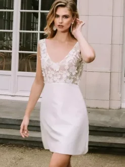 Short Wedding Dresses Short V-Neck Sleeveless A-Line Natural Waist Satin Fabric Short Bridal Dress