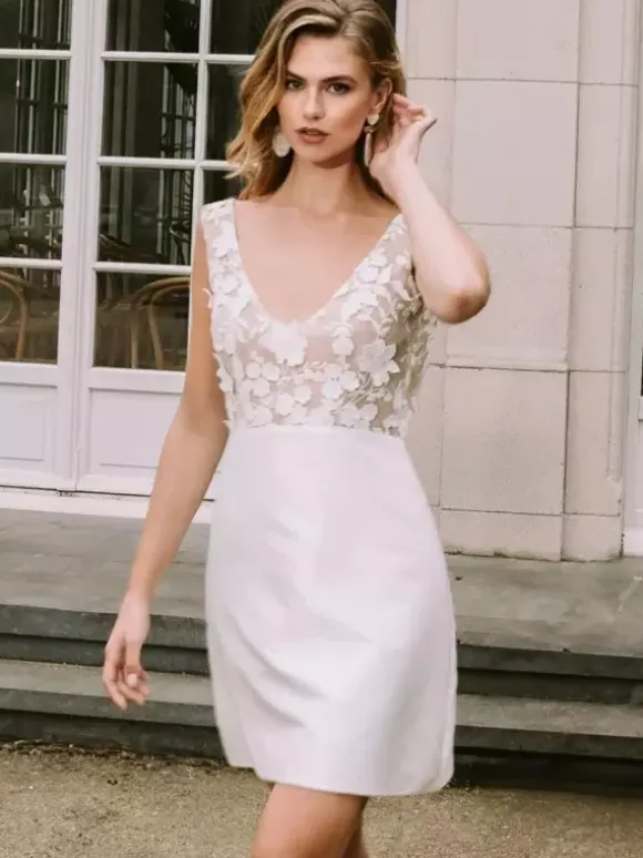 Short Wedding Dresses Short V-Neck Sleeveless A-Line Natural Waist Satin Fabric Short Bridal Dress