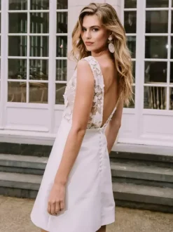 Short Wedding Dresses Short V-Neck Sleeveless A-Line Natural Waist Satin Fabric Short Bridal Dress