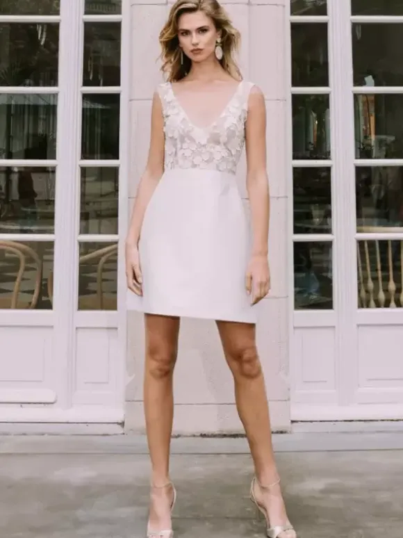 Short Wedding Dresses Short V-Neck Sleeveless A-Line Natural Waist Satin Fabric Short Bridal Dress