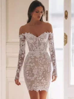 Short Wedding Dresses Sweetheart Neck 3/4 Length Sleeves Sheath Short Bridal Dresses