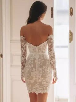 Short Wedding Dresses Sweetheart Neck 3/4 Length Sleeves Sheath Short Bridal Dresses