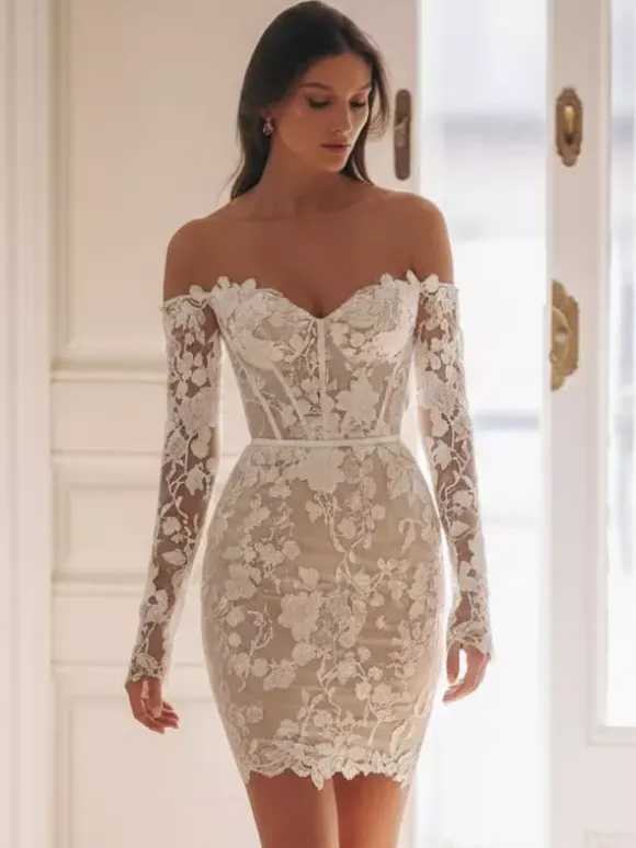 Short Wedding Dresses Sweetheart Neck 3/4 Length Sleeves Sheath Short Bridal Dresses