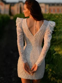 Short Wedding Dresses V-Neck Long Sleeves Short Vintage Bridal Dress