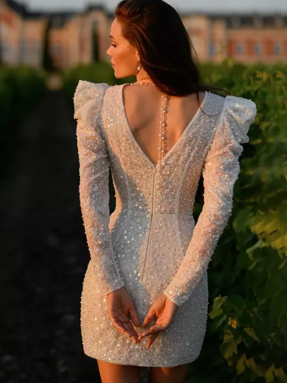 Short Wedding Dresses V-Neck Long Sleeves Short Vintage Bridal Dress
