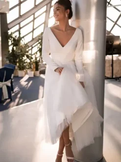 Short Wedding Dresses 2026 V-Neck Long Sleeves A-Line Tea-Length Bridal Dresses Free Customization