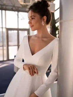 Short Wedding Dresses 2026 V-Neck Long Sleeves A-Line Tea-Length Bridal Dresses Free Customization