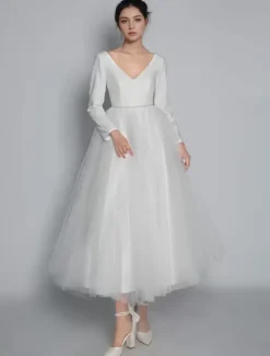 Short Wedding Dresses 2026 V-Neck Long Sleeves A-Line Tea-Length Bridal Dresses Free Customization