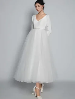 Short Wedding Dresses 2026 V-Neck Long Sleeves A-Line Tea-Length Bridal Dresses Free Customization