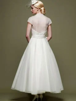 Short Wedding Dresses 2026 V-Neck Short Sleeves A-Line Ankle-Length Bridal Dresses Free Customization