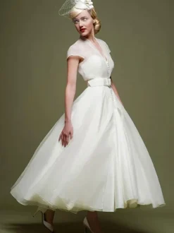 Short Wedding Dresses 2026 V-Neck Short Sleeves A-Line Ankle-Length Bridal Dresses Free Customization