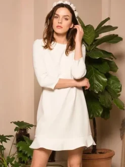 Short Wedding Dress Jewel Neck 3/4 Length Sleeves A-Line Bridal Gowns