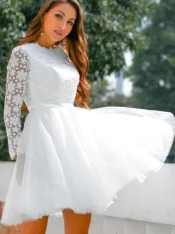 Short Wedding Dress 2026 Jewel Neck Long Sleeves A-Line Lace Short Bridal Dresses Free Customization