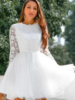 Short Wedding Dress 2026 Jewel Neck Long Sleeves A-Line Lace Short Bridal Dresses Free Customization