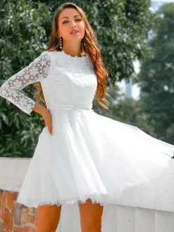 Short Wedding Dress 2026 Jewel Neck Long Sleeves A-Line Lace Short Bridal Dresses Free Customization