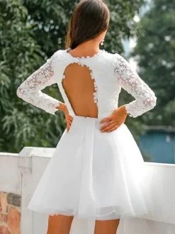 Short Wedding Dress 2026 Jewel Neck Long Sleeves A-Line Lace Short Bridal Dresses Free Customization