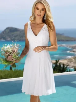 Short Wedding Dress Knee-Length V-Neck Sleeveless A-Line Natural Waist Lace Short Bridal Dress