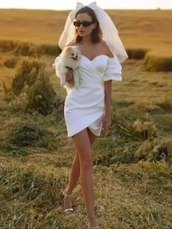 Short Wedding Dress Satin Sweetheart Neckline Short Sleeve Mini Dress