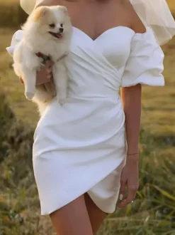 Short Wedding Dress Satin Sweetheart Neckline Short Sleeve Mini Dress