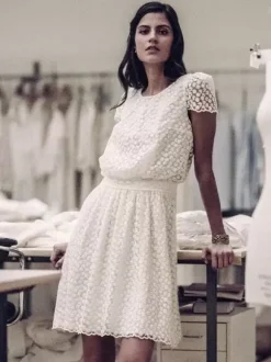Short Wedding Dress Short Jewel Neck Short Sleeves A-Line Lace Short Bridal Dress