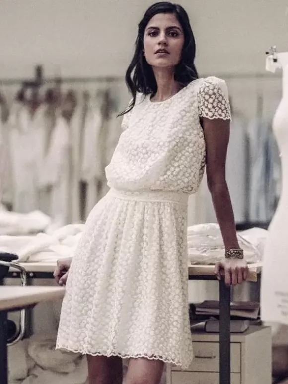 Short Wedding Dress Short Jewel Neck Short Sleeves A-Line Lace Short Bridal Dress