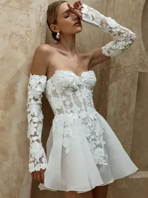 Short Wedding Dress Short Strapless 3/4 Length Sleeves A-Line Natural Waist Lace Short Bridal Dress