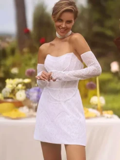Short Wedding Dress Short Sweetheart Neck 3/4 Length Sleeves Short Natural Waist Lace Bridal Dresses