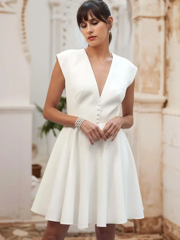 Short Wedding Dress Short V-Neck Sleeveless A-Line Natural Waist Satin Fabric Short Bridal Dress