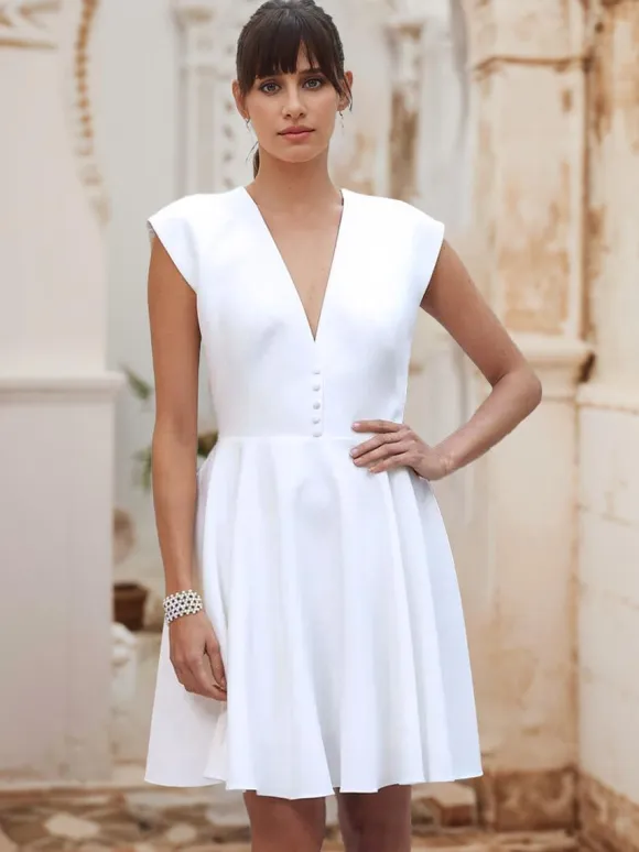 Short Wedding Dress Short V-Neck Sleeveless A-Line Natural Waist Satin Fabric Short Bridal Dress