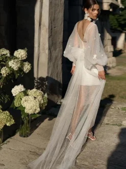 Short Wedding Dress Short V-Neck Long Sleeves Sheath Natural Waist Stretch Crepe Short Bridal Dress