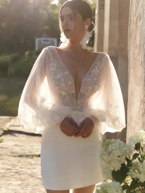 Short Wedding Dress Short V-Neck Long Sleeves Sheath Natural Waist Stretch Crepe Short Bridal Dress