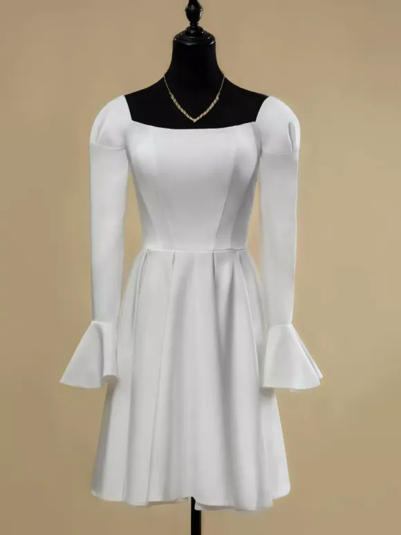 Short Wedding Dress Square Neck Long Sleeves A-Line Short Short Bridal Dress