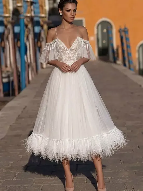 Short Wedding Dress Tea-Length V-Neck Short Sleeves A-Line Natural Waist Lace Bridal Gowns