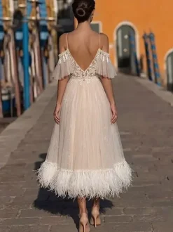 Short Wedding Dress Tea-Length V-Neck Short Sleeves A-Line Natural Waist Lace Bridal Gowns
