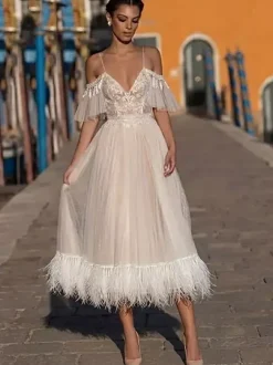 Short Wedding Dress Tea-Length V-Neck Short Sleeves A-Line Natural Waist Lace Bridal Gowns