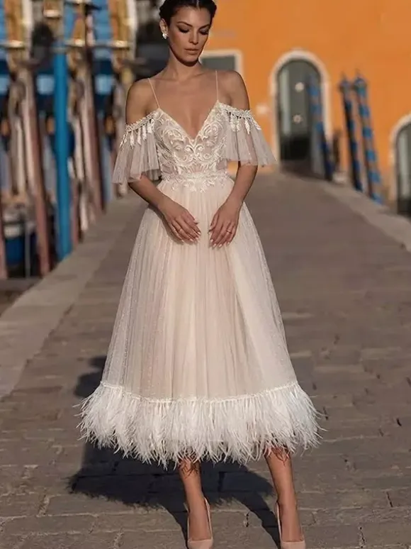 Short Wedding Dress Tea-Length V-Neck Short Sleeves A-Line Natural Waist Lace Bridal Gowns