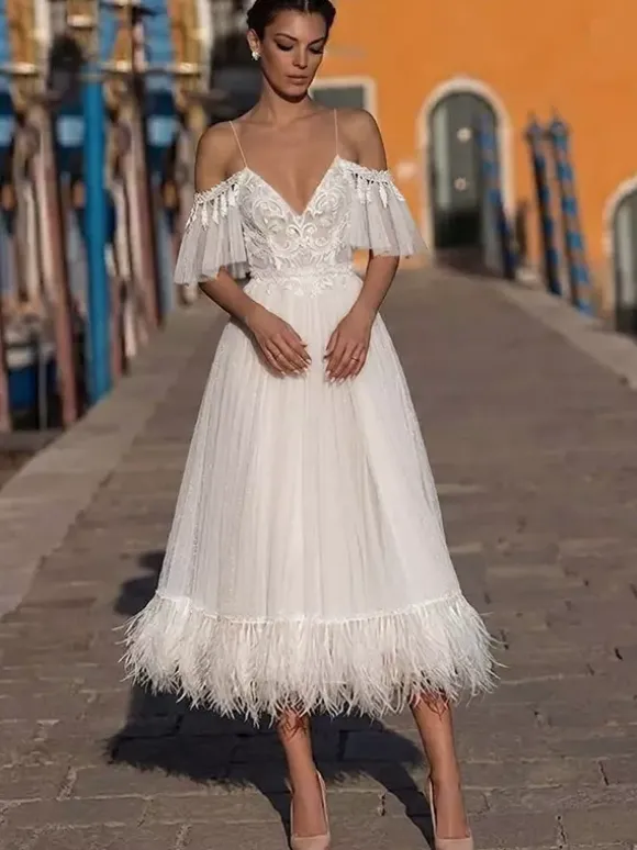 Short Wedding Dress Tea-Length V-Neck Short Sleeves A-Line Natural Waist Lace Bridal Gowns