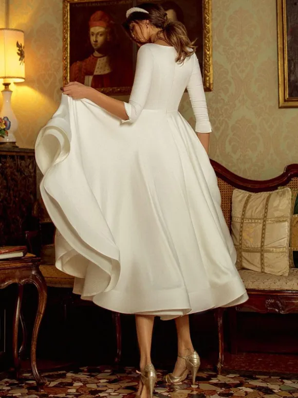 Short Wedding Dress 2026 Tea-Length V-Neck Half Sleeves A-Line Satin Fabric Short Bridal Dress Free Customization
