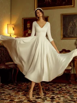 Short Wedding Dress 2026 Tea-Length V-Neck Half Sleeves A-Line Satin Fabric Short Bridal Dress Free Customization