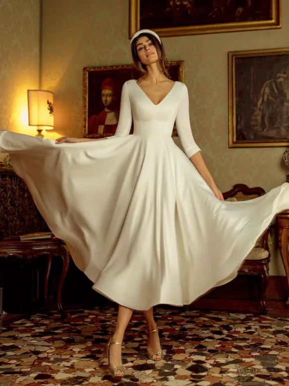 Short Wedding Dress 2026 Tea-Length V-Neck Half Sleeves A-Line Satin Fabric Short Bridal Dress Free Customization