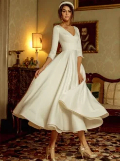 Short Wedding Dress 2026 Tea-Length V-Neck Half Sleeves A-Line Satin Fabric Short Bridal Dress Free Customization