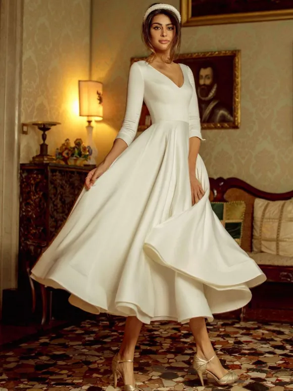Short Wedding Dress 2026 Tea-Length V-Neck Half Sleeves A-Line Satin Fabric Short Bridal Dress Free Customization