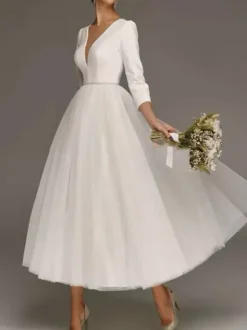 Short Wedding Dress Tea-Length V-Neck 3/4 Length Sleeves A-Line Satin Fabric Bridal Dresses Free Customization