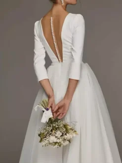 Short Wedding Dress Tea-Length V-Neck 3/4 Length Sleeves A-Line Satin Fabric Bridal Dresses Free Customization